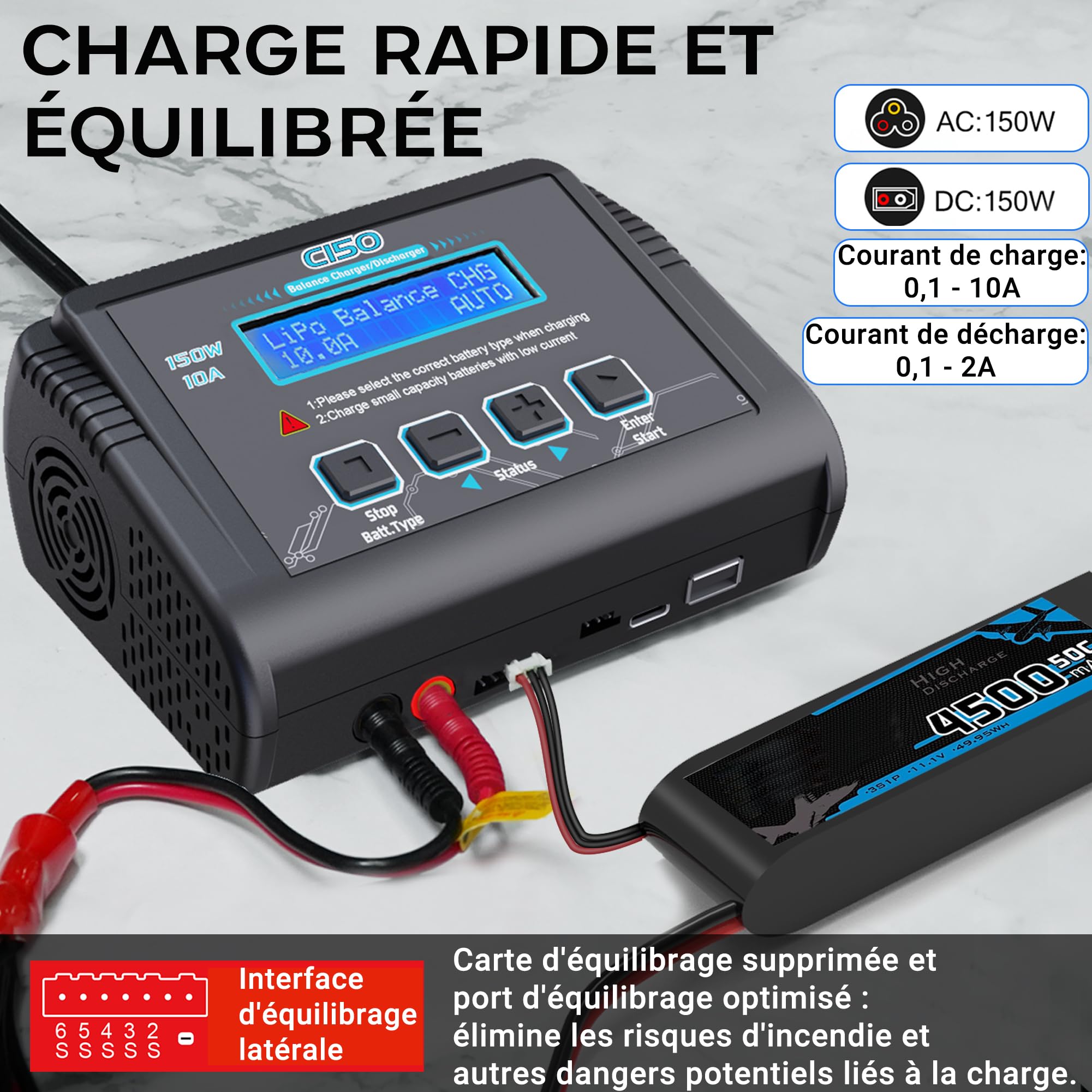 HTRC C150 Chargeur Lipo 150W 10A – Chargeur Batterie Lipo et Équilibreur pour LiHV/LiPo/Li-ION/Life (1-6S), NiMH/NiCd (1-15S), PB (2-20V) – Entrée AC/DC, Écran LCD, 20 Mémoires