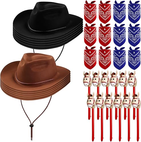 Xtinmee Juego de 36 piezas de disfraz de fiesta de granja de vaqueros, sombreros de vaquero, bandanas de cachemira, caballos inflables para niños,