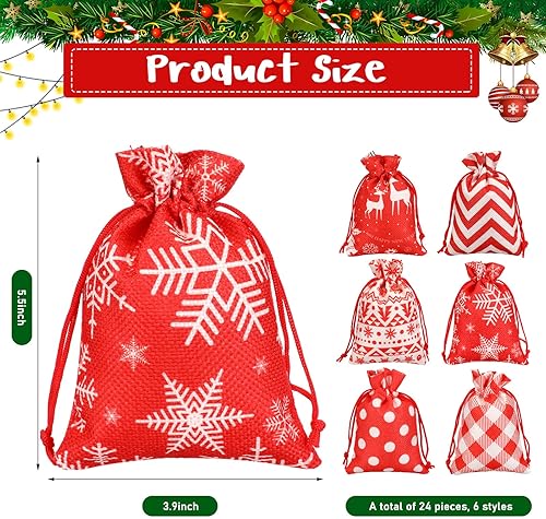Miniatura 2 de 24 bolsas de Navidad, pequeñas bolsas de regalo de arpillera con cordón de 3.9 x 5.5 pulgadas, bolsas de dulces rojas y blancas, bolsas de