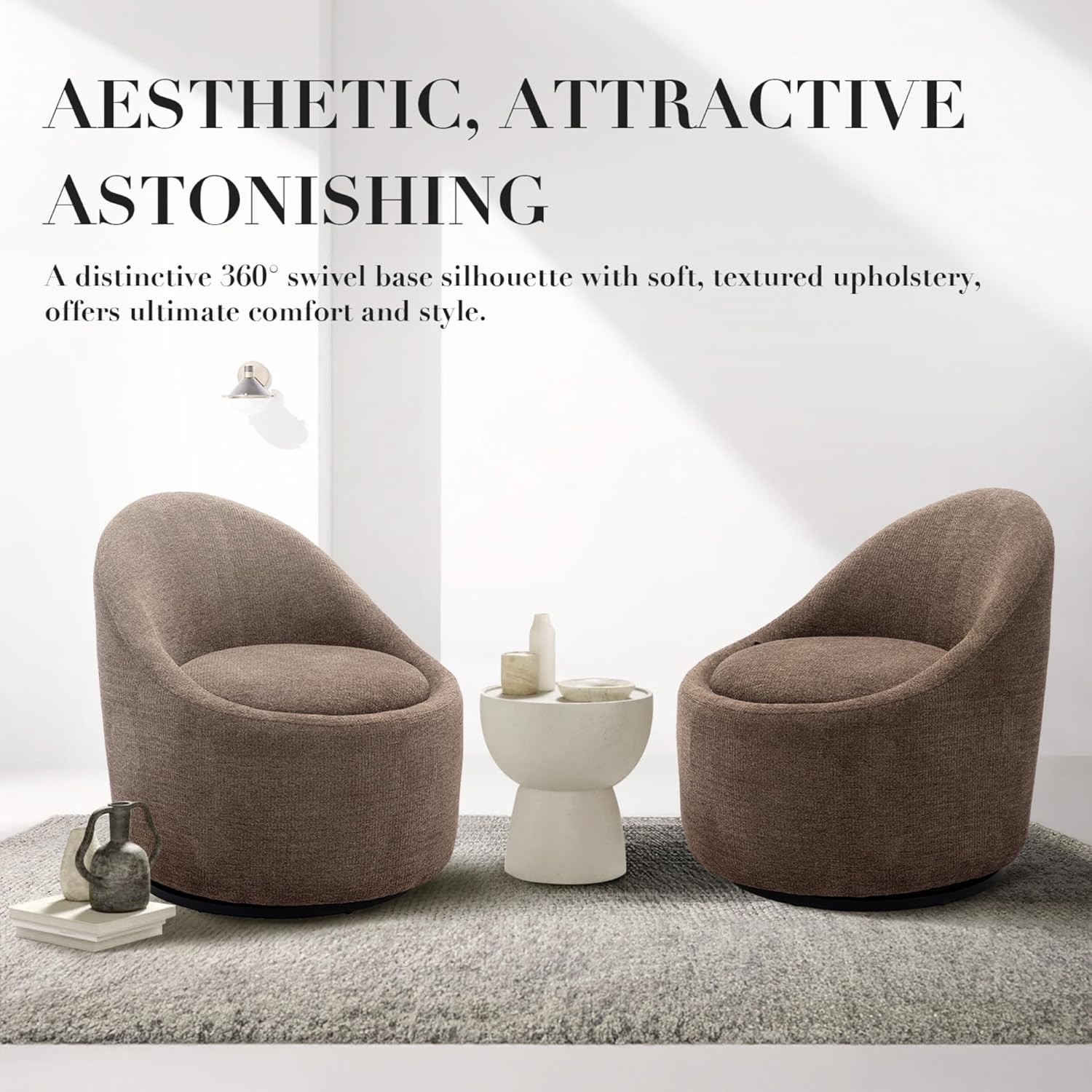 COLAMY Modern Swivel Accent Chair with Hidden Storage, 360° Barrel Swivel Chair, Small Swivel Armchair for Living Room/Bedroom, Brown, Textile Material