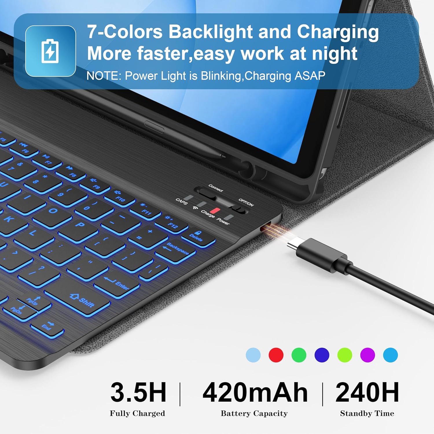 Supveco Keyboard Case for Samsung Galaxy Tab A11+ Plus 11 inch 2026 Model (SM-X230/X236/X238)-7 Color Backlight Wireless Detachable Folio Keyboard Cover with S Pen Holder,Notebook