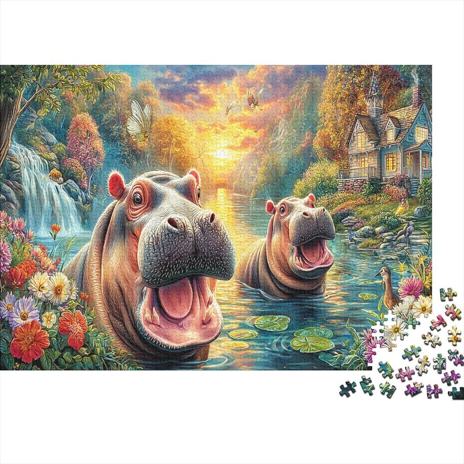 Hippo Paradise 1000Pc Jigsaw & Jigsaw Eco-Friendly Material Premium Challenging Smiling Hippo for The Whole Family 38x26cm/1000pcs