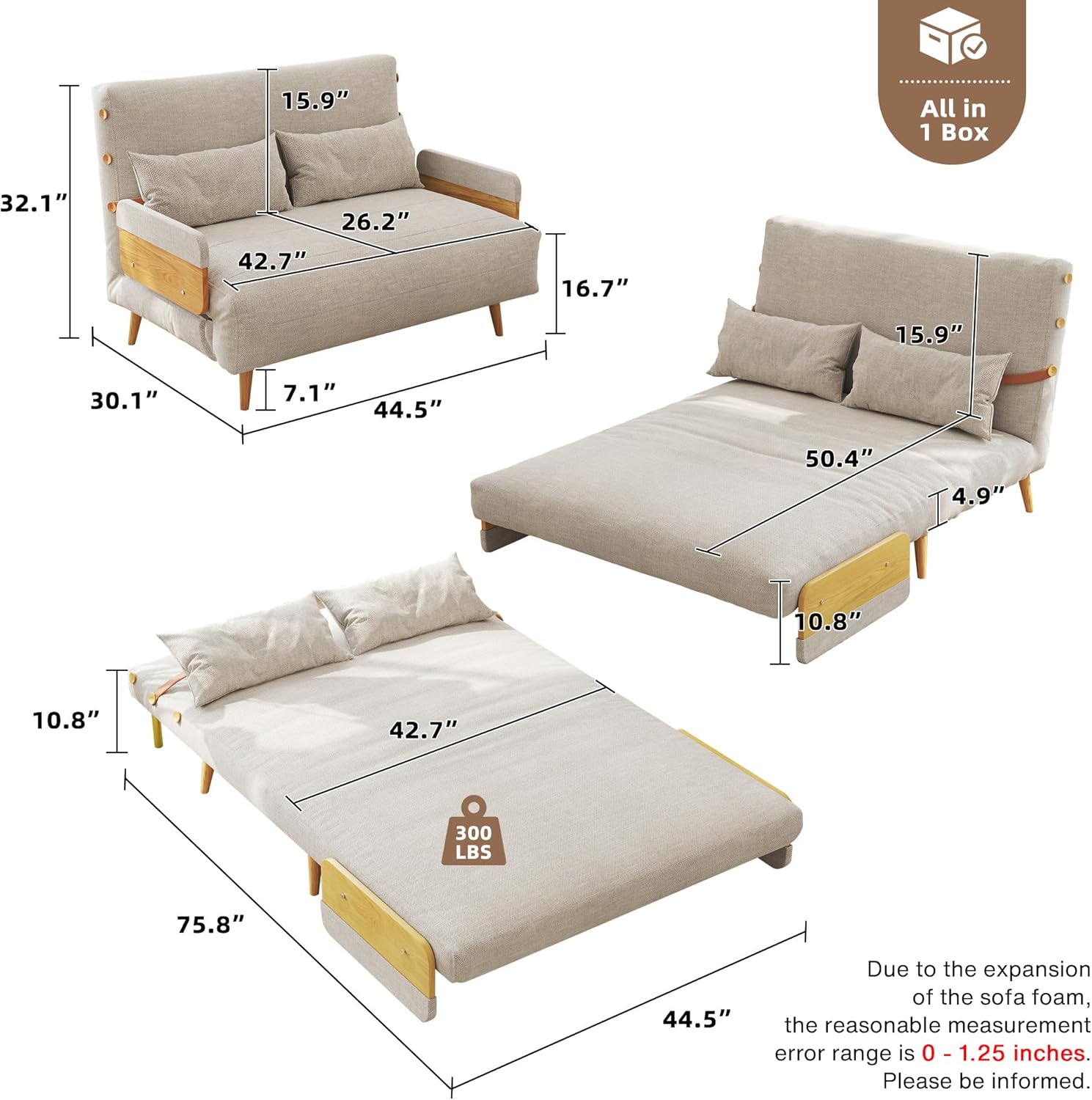 JASIWAY Convertible Sleeper Chair Bed for Adults, 3 in 1 Linen Convertable Futon Chair with Pillow, Fold Out Single Sleeper Couch Guest Bed for Small Spaces, Bedroom, Office, Apartment, Modern, 43.3" | 5 Adjust Position, Multifunctional, Sturdy Frame, Breathable material, Easy Assembly