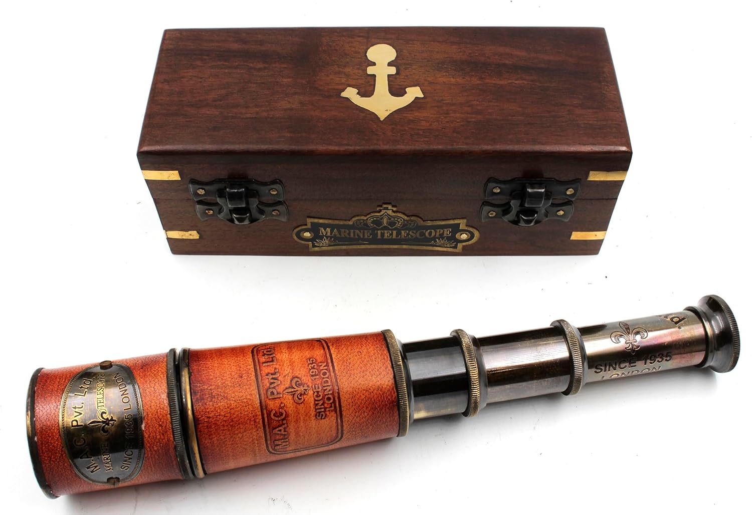 Handcrafted M.A.C. Telescope | with Wooden Box | Functional Vintage Replica Brass Nautical Antique Telescope | Brass Nautical Spyglass & Collectible Decor 15 Inches