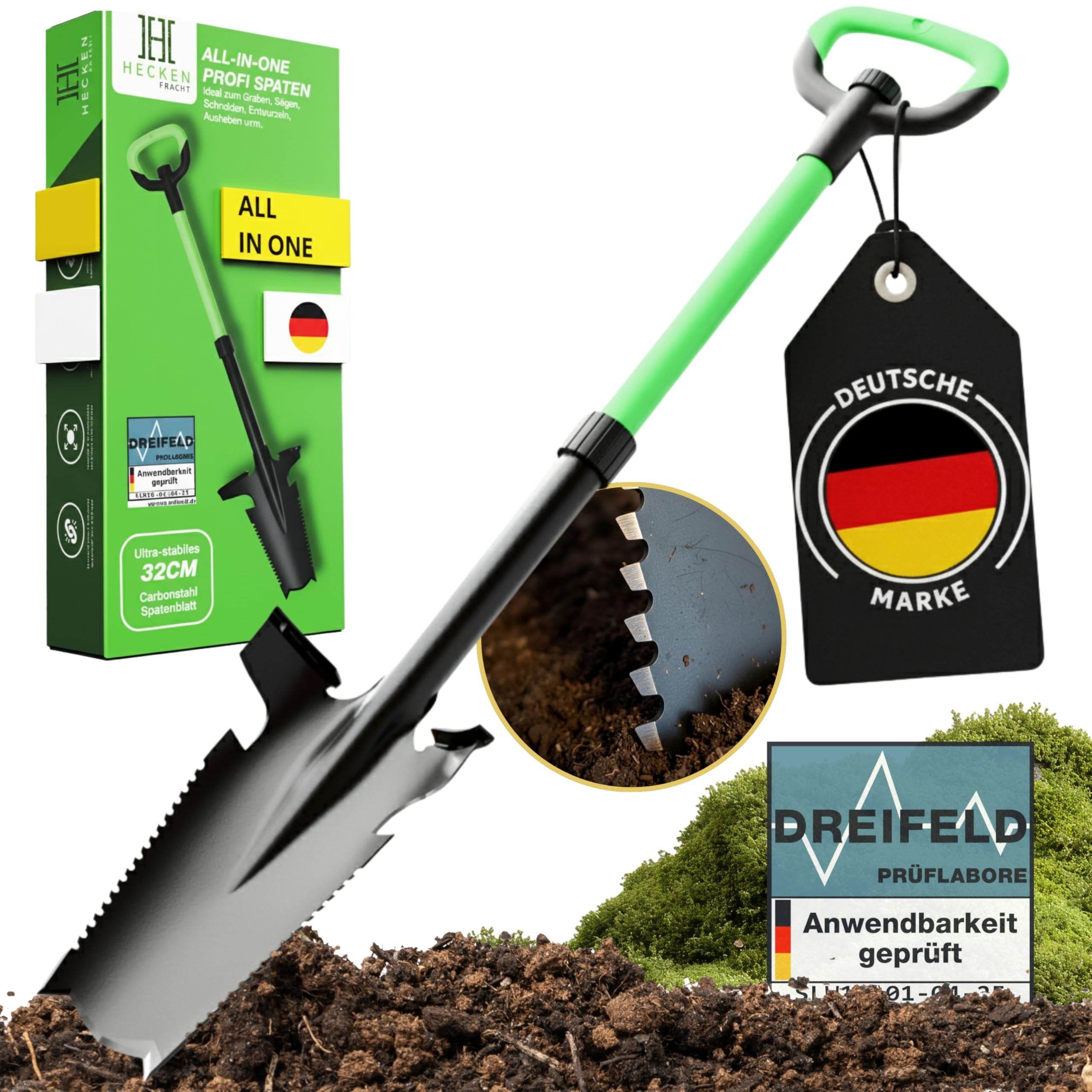 Heckenpracht® Profi Spaten mit Wurzelsäge | Wurzelspaten mit Sägefunktion | Perfekt für Harte Böden | Ergonomischer Griff & extra breite Trittkante | Gärtnerspaten mit Ultra stabilem Spatenblatt