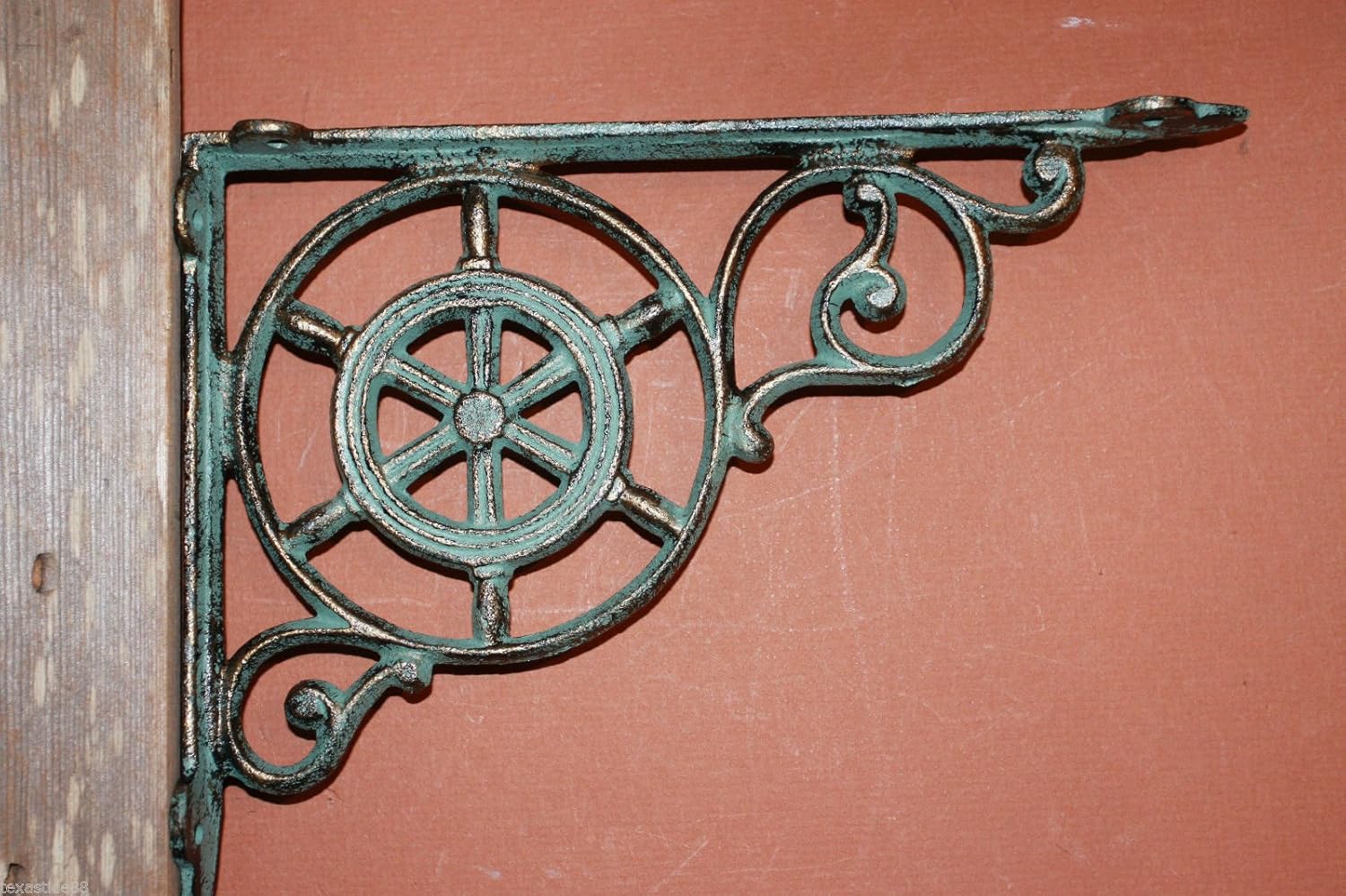 Antiqued-Look Nautical Window Decor, Decorative Ship's Wheel Cast Iron Window Corner Shelf Brackets, Bronze Look, 9" x 6 3/4",- Set of 2