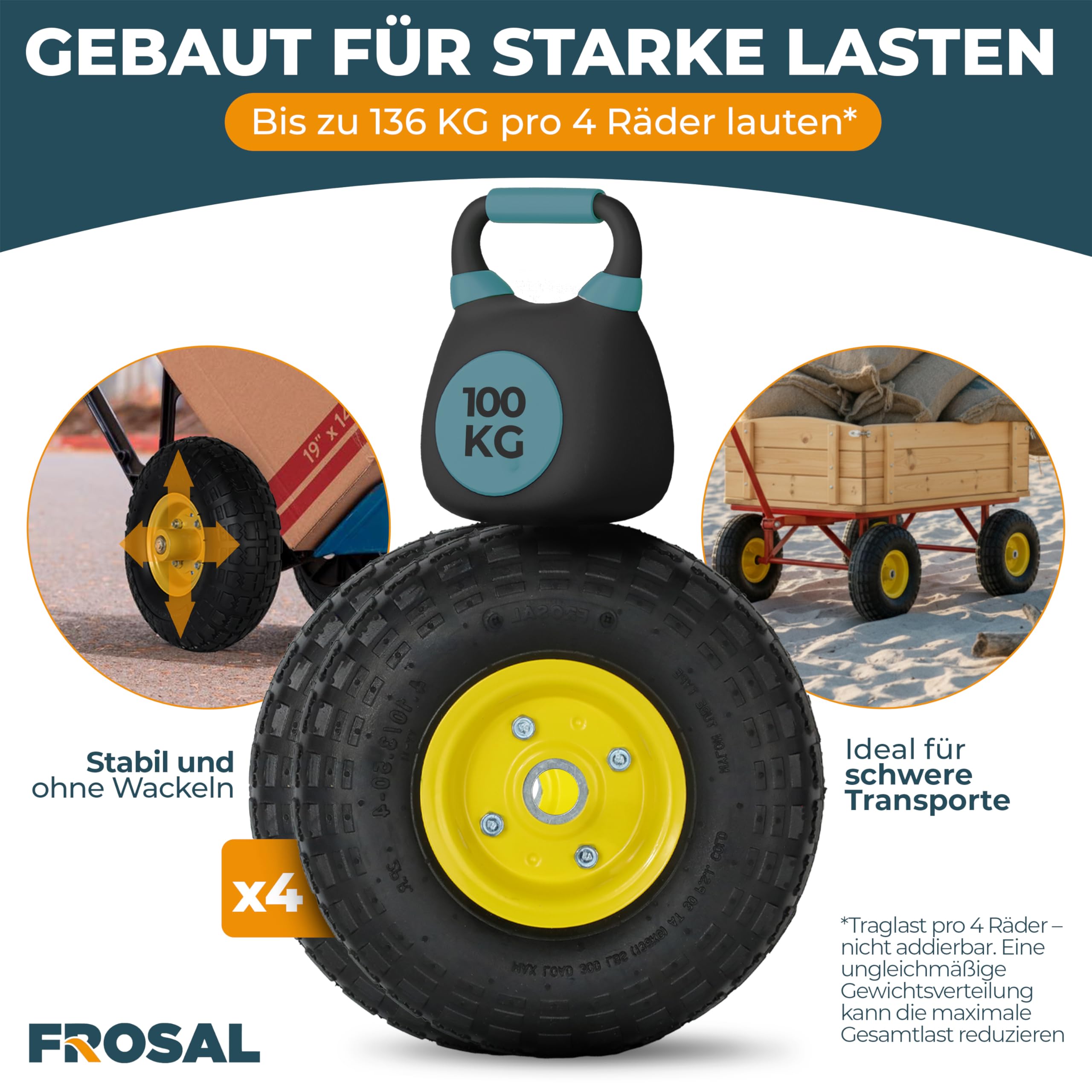 FROSAL PU-Ersatzräder 4.10/3.50–4 – 4er-Set – pannensichere Räder mit Stahlfelge – Vollgummi-Bereifung – Ø 260 × 85 mm – Achsdurchmesser 16 mm, Nabenlänge 55 mm – für Sackkarre & Bollerwagen