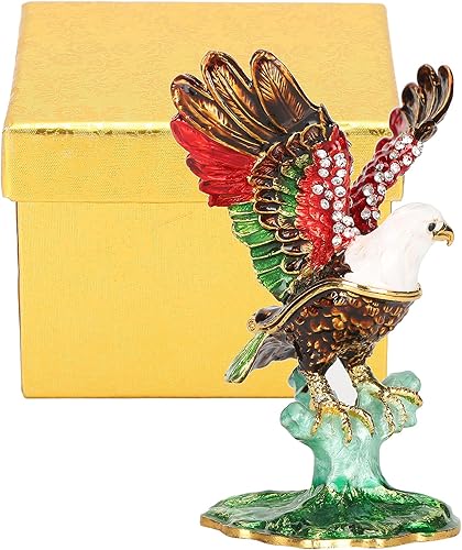 Cyrank Caja de baratijas con diseño de águila esmaltada, con bisagras, pequeña caja de joyería decorativa con diamantes de imitación, delicado