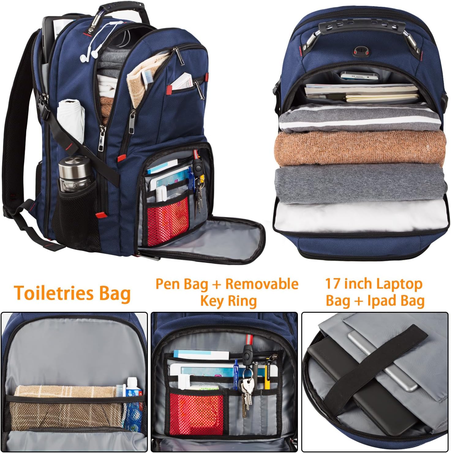 LTINVECK Extra Large 50L Travel Laptop Backpack, Computer bag Backbag with USB Charging Port, TSA Friendly Durable Big RFID Heavy Duty Business Tech Backpack Fits 17 Inch Laptops for Men Women, Blue - Image 3