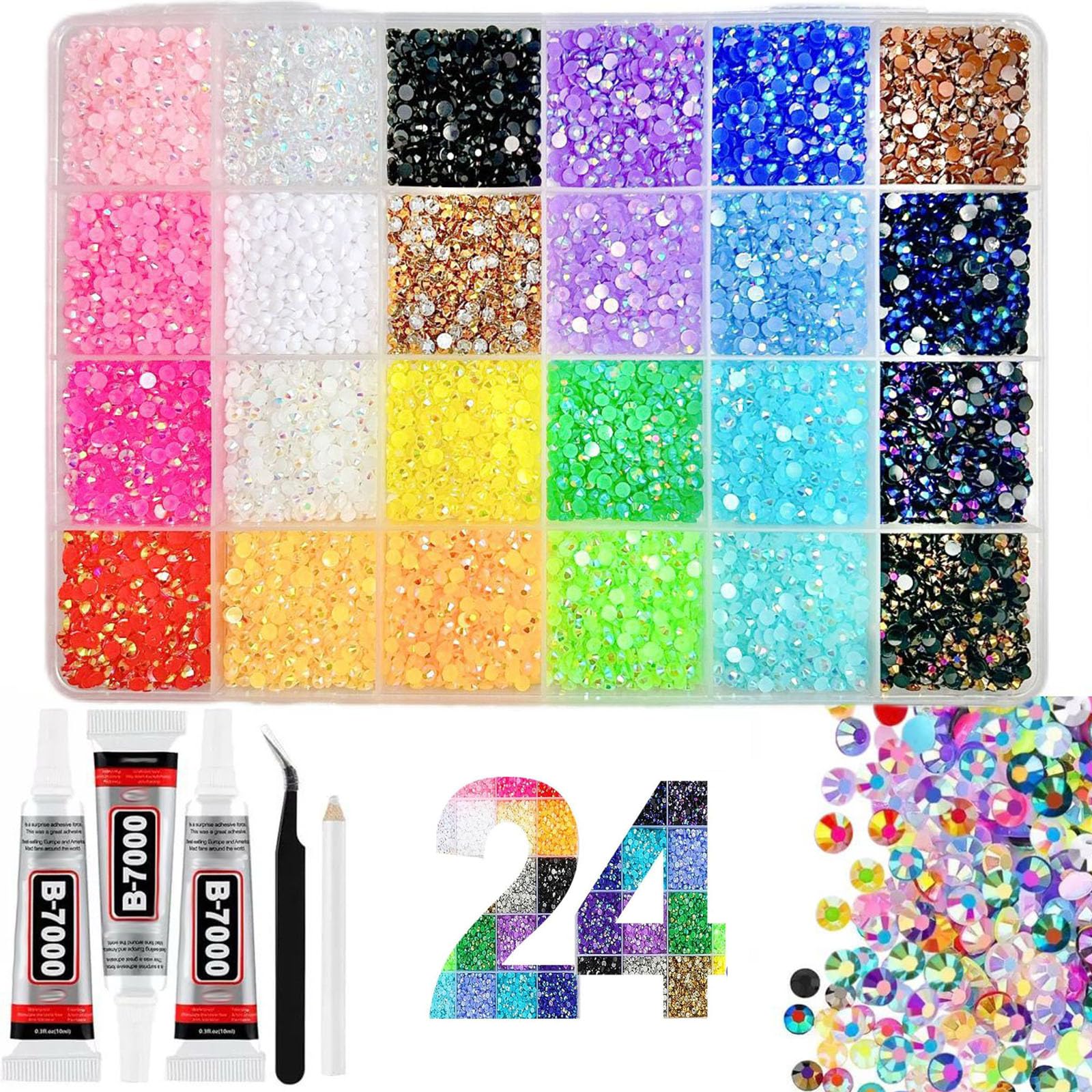 2026 New Bedazzling Kit 24/32/40 Colors, 3mm Flatback Resin Rhinestones for Crafts, Bedazzler with Glue for Nail Gems, DIY Shoes, 1 Colors=800 Pcs (24)