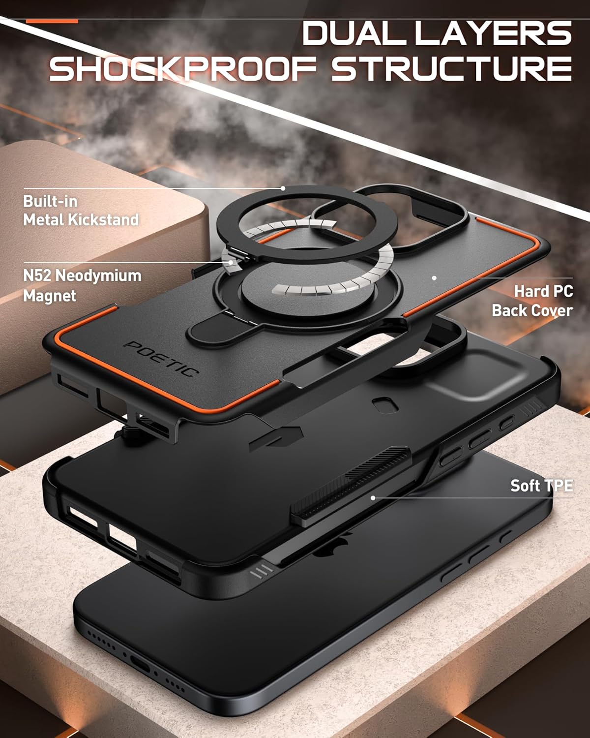 Poetic Neon Case Compatible with iPhone 16 Pro Max, [Magnetic Ring Stand] Dual Layer Slim Shockproof Protective Cover, Black