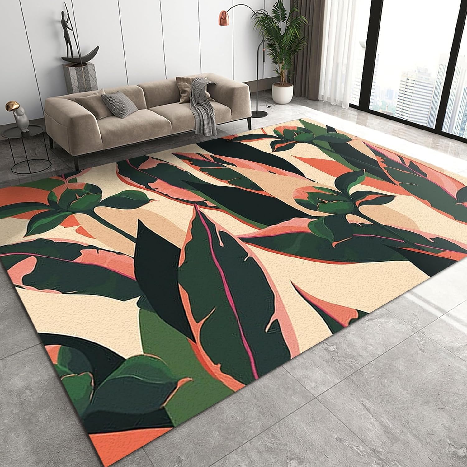 Tapis salon imprimé 3D feuilles 120x160 cm en polyester résistant