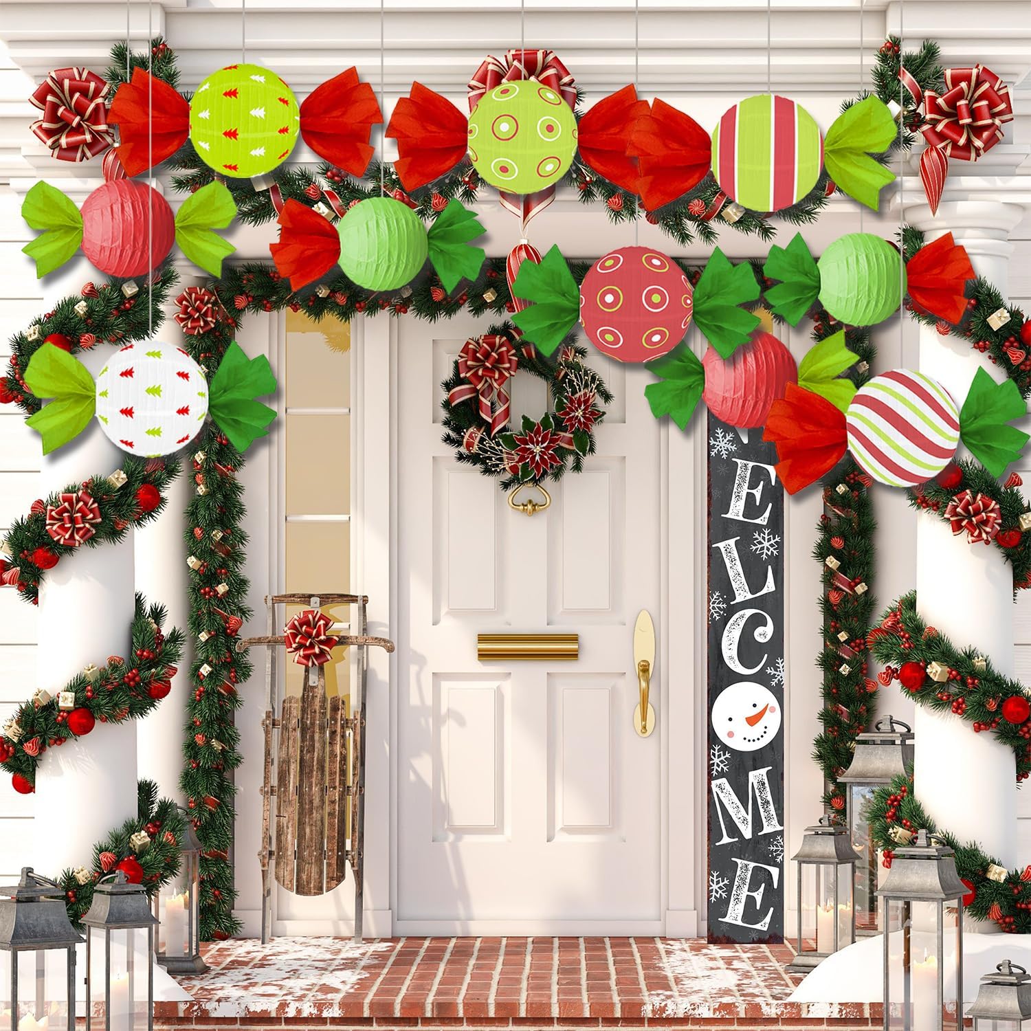 10 Pack Candy Paper Lanterns Red Green White Peppermint Hanging Decorations, Foldable Round Paper Lanterns for Party, Candy Cane Holiday Decor for Home, Ceiling, Tree, Window