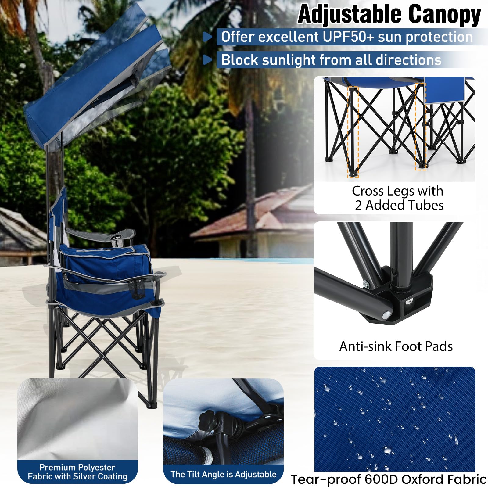 KOMFOTTEU Sedia Pieghevole da Campeggio Doppia, 2 Sedie da Esterno con Tettuccio Regolabile, Sedia da Pesca Portatile per Picnic con Borsa Termica, Portabicchiere, Borsa da Trasporto (Blu Navy)