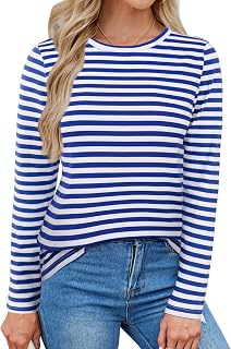 Womens Striped Long Sleeve Shirt Boat Neck Tops Breton Loose Fit Tshirt