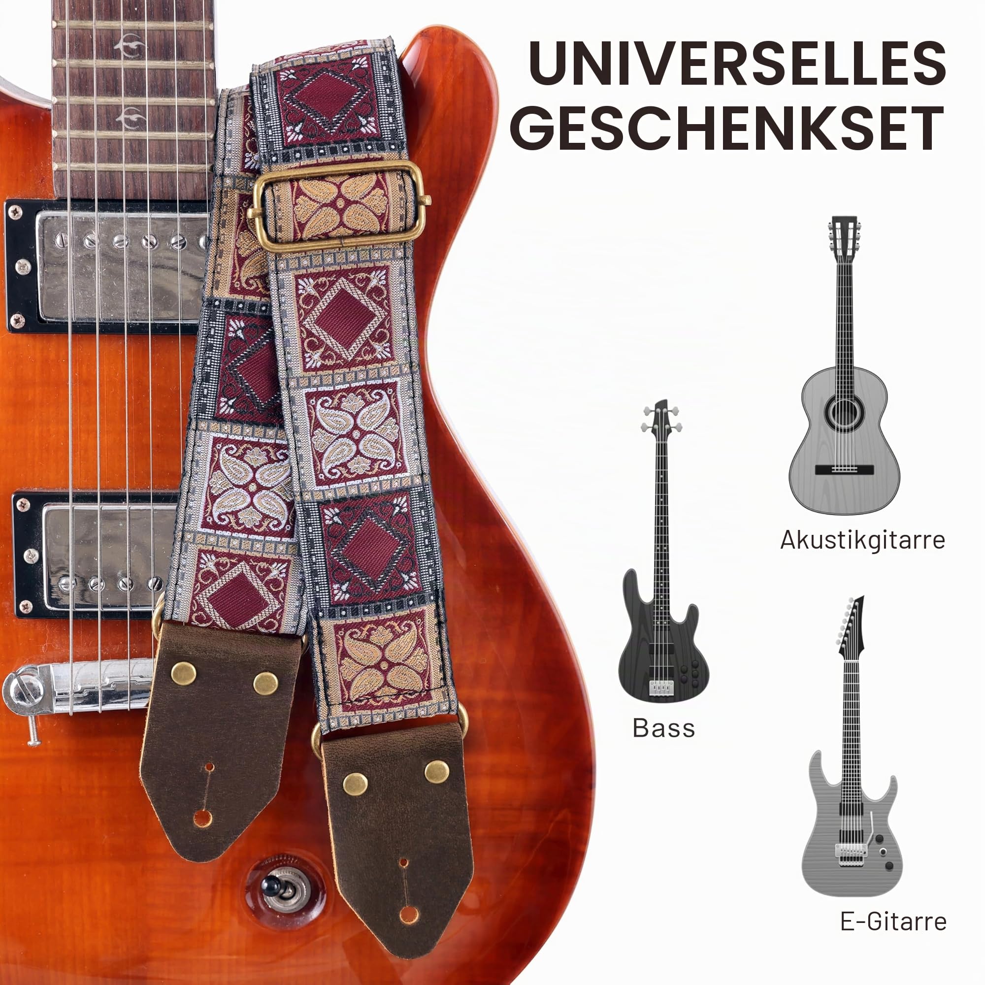 Nefelibata Gitarrengurt, Jacquard-Stickerei Baumwolle Gitarrengurte mit Crazy Horse Leder Enden für Bass, elektrische & akustische,Geschenke für Kinder, Gitarristen