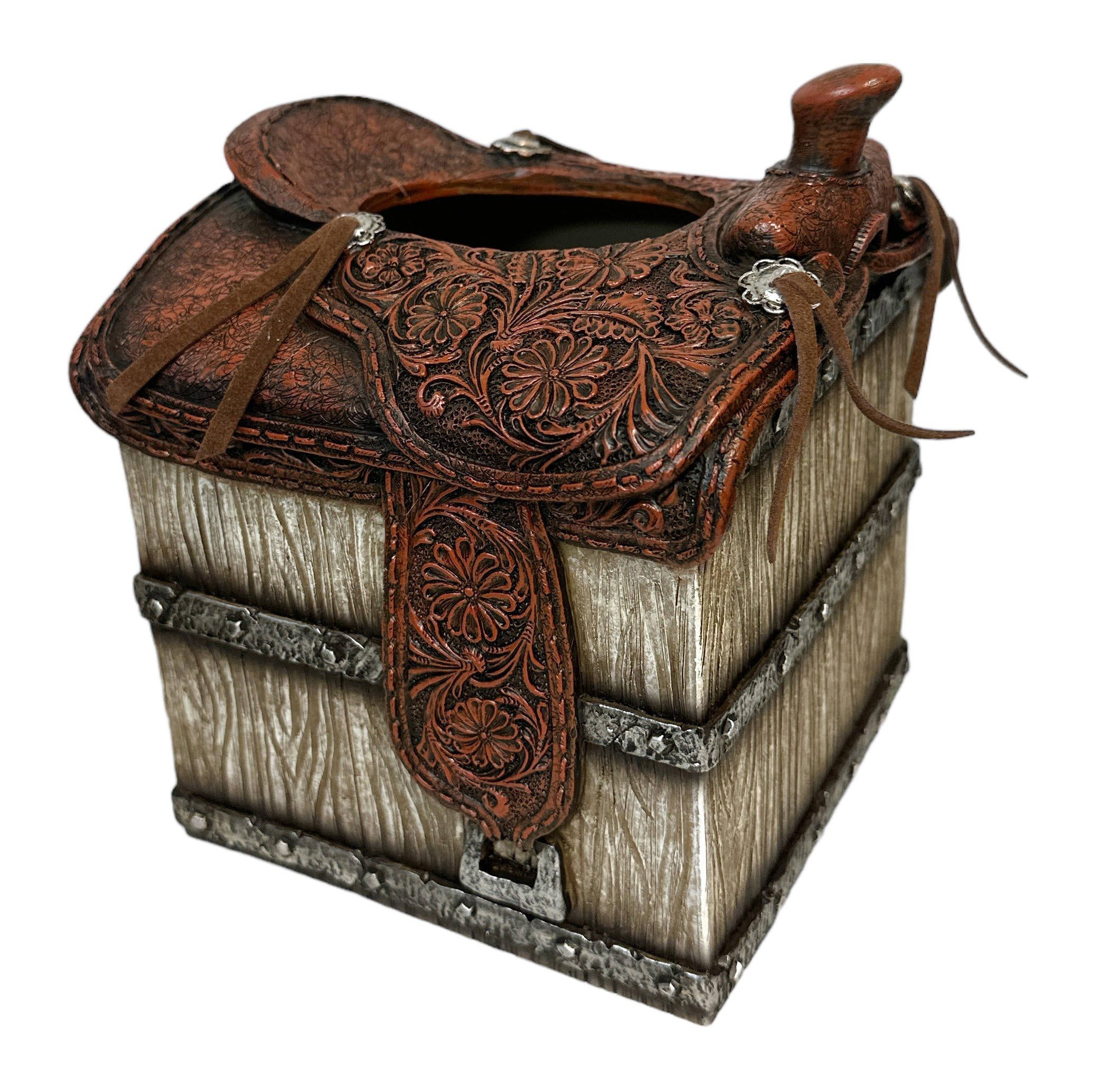 De Leon Collections 14248 Horse Saddle Brown, Tan, Silver Tone 6.9 Inch Polyresin Southwestern Rustic Distressed Decorative Tooled Home Décor Tissue Cover Holder Box