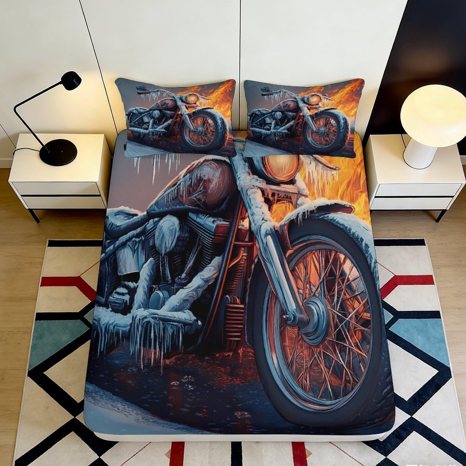 3D Printed Fire Motorcycle Fitted Sheet Microfiber Anti-Slip Ice Flame Bed Cover for Bedroom Guest Room Easy Care 200x200x25cm