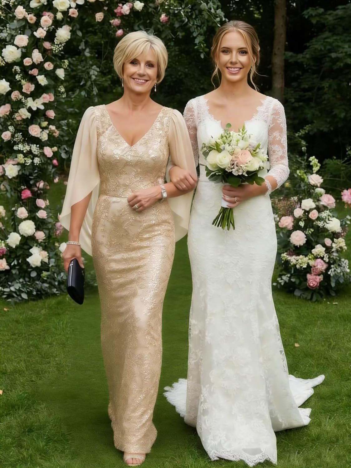 Sequin Mother of The Bride Dresses V Neck Mermaid Long Formal Evening Gowns with Cape Sleeves IMR039