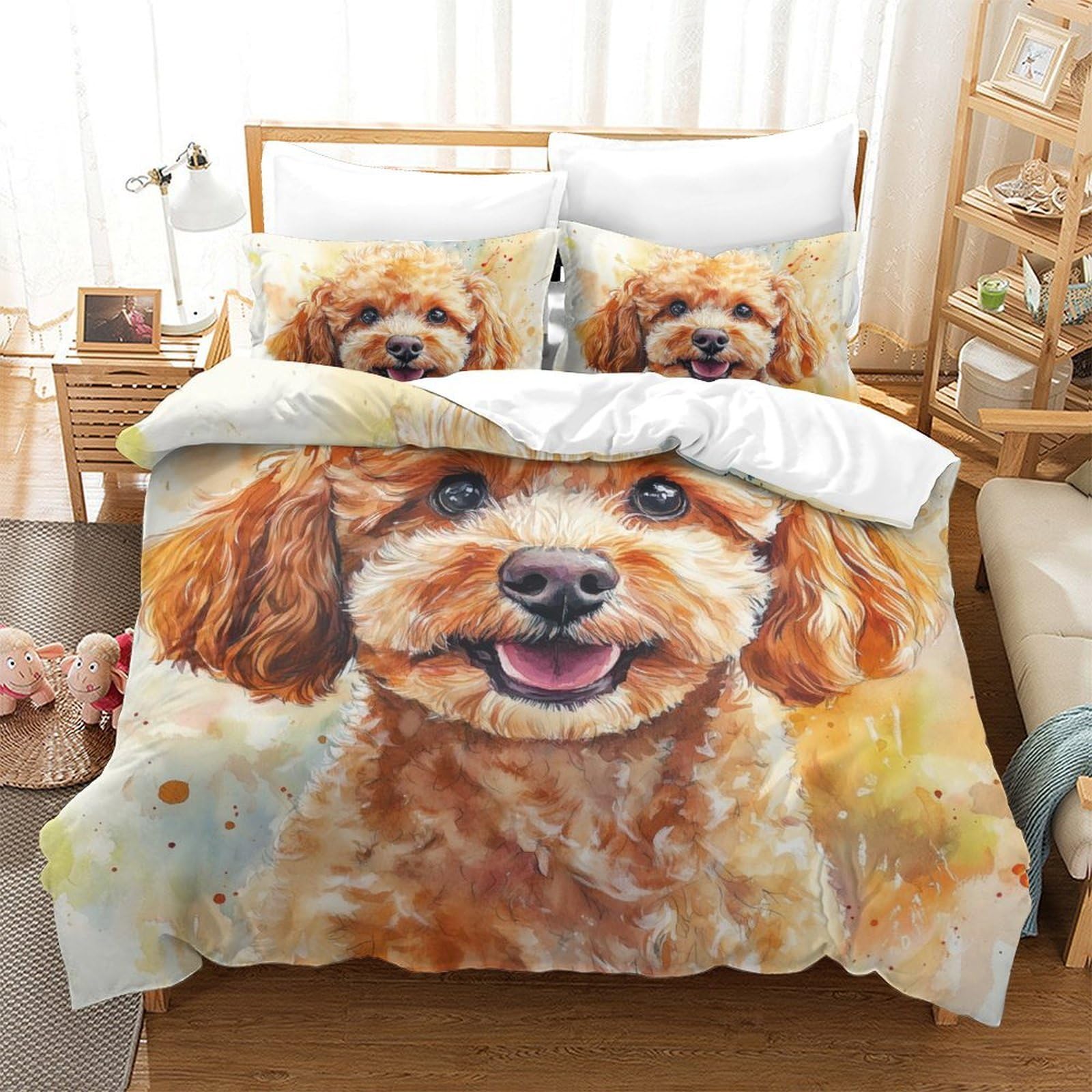 Linge de lit aquarelle caniche : parure de lit 1 personne 135x200 avec housse de couette