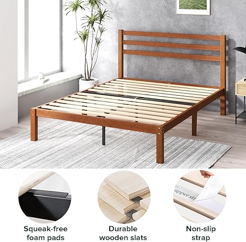 Miniatura 5 de Zinus Leah - Base de cama de plataforma de bambú con cabecero, no necesita somier, soporte de listones de madera, fácil de montar, tamaño matrimonial