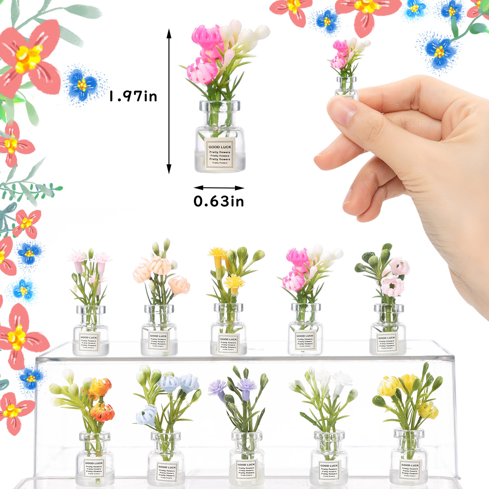 10 Pcs Miniature Dollhouse Plant Flowers, 1:12 Tiny Small Glow in The Dark Glass Vase Flowers Plant House Decor, Faux Flower Model Dollhouse Decoration for Tiny Houses