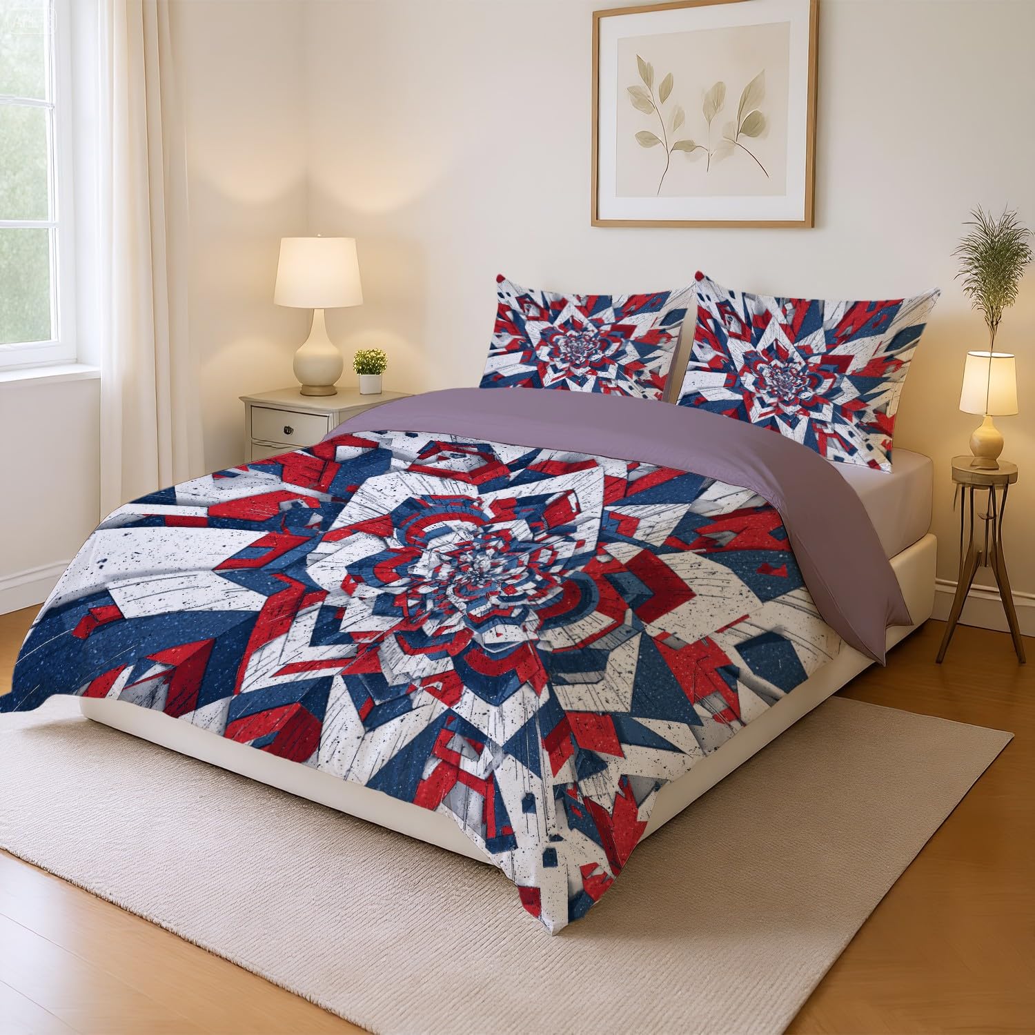 Zestaw poszewek na kołdrę Anti-Shrink Duvet Cover zawiera 2 poszewki na poduszki 80 x 80 cm i 1 kołdrę 180 x 200 cm, niebieski czerwony geometryczny trójwymiarowy abstrakcyjny