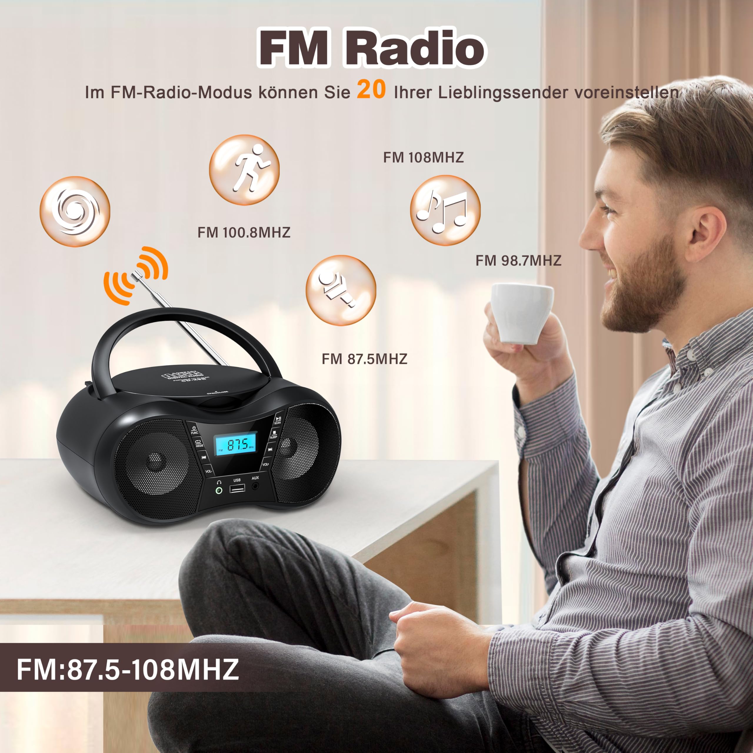 Greadio Tragbarer CD Player Bluetooth 5.1, Boombox Radio mit CD-Player, USB, AUX-In, Netz- und Batteriebetrieb, LCD Display, Kompatibel mit CD/CD-R/CD-RW, CD Spieler für zu Hause oder draußen