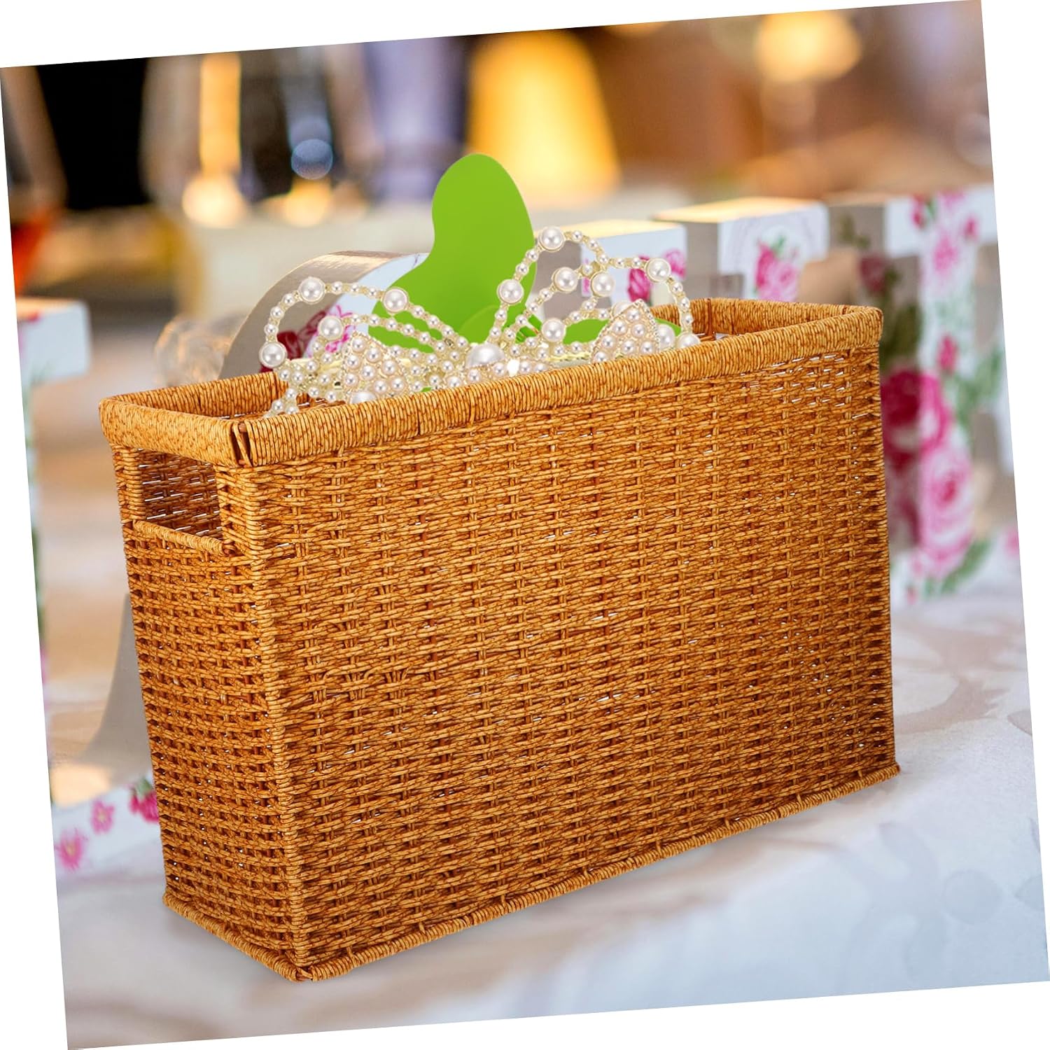 Handwoven Magazine Basket with Handle, Plastic Rustic Storage Organizer