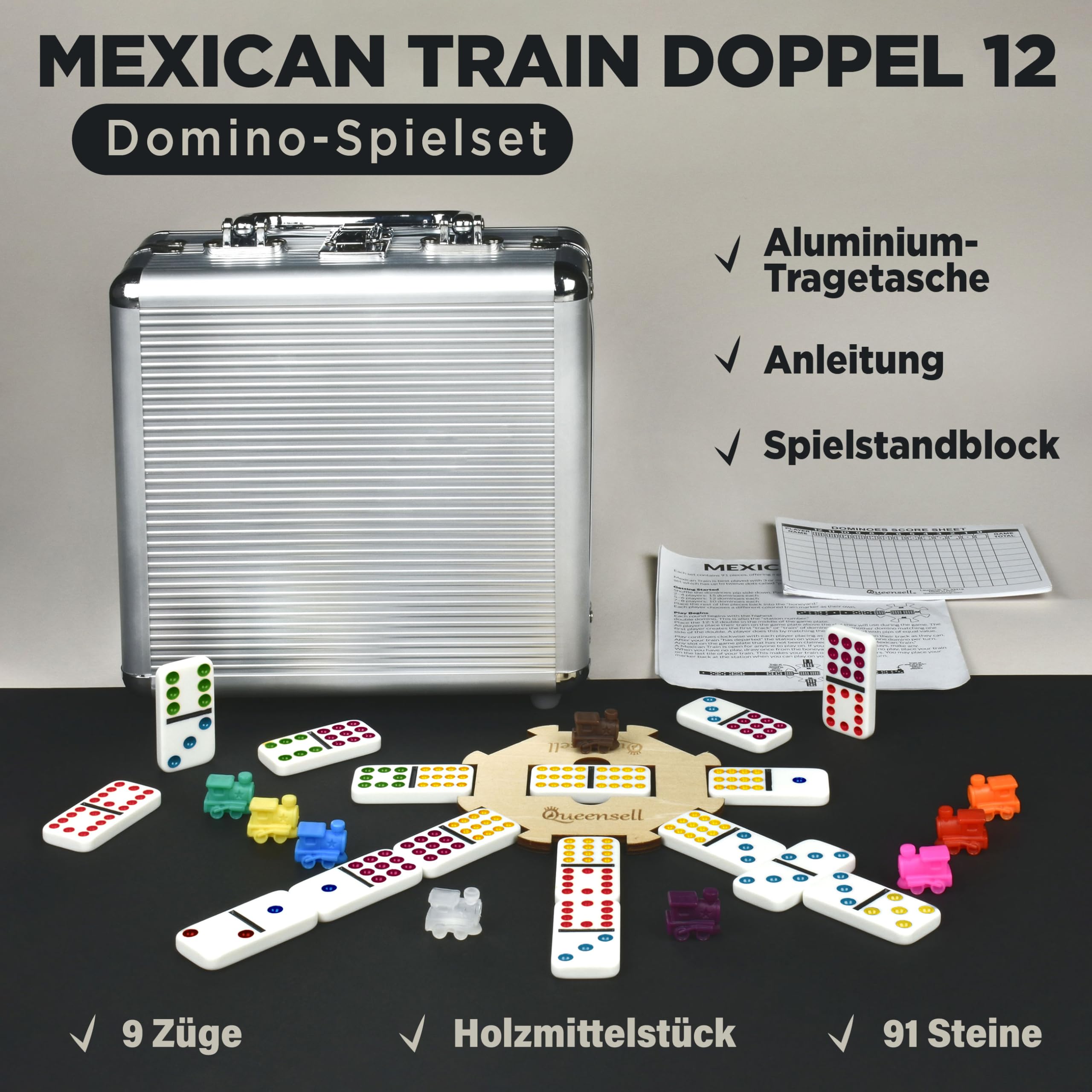 Queensell Mexican Train Domino-Set mit Holzmittelstück, Domino-Brettspiele – Doppel-12 Domino-Set für Familienspieleabende für Erwachsene und Kinder ab 8 Jahren