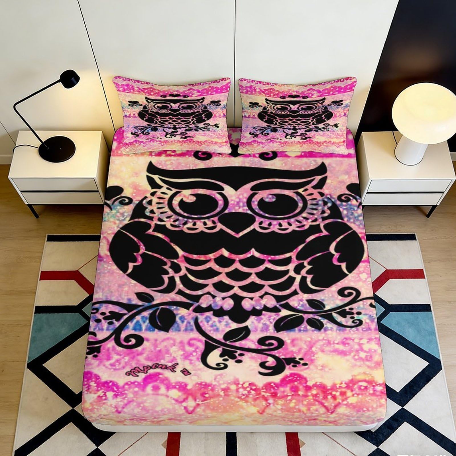 Pnayamiorkfel Style-1 3D Printed Pink Owl Fitted Sheet Microfiber Soft Decorative Bedroom Bed Cover Dorm Mattress Protector 90X200x25cm