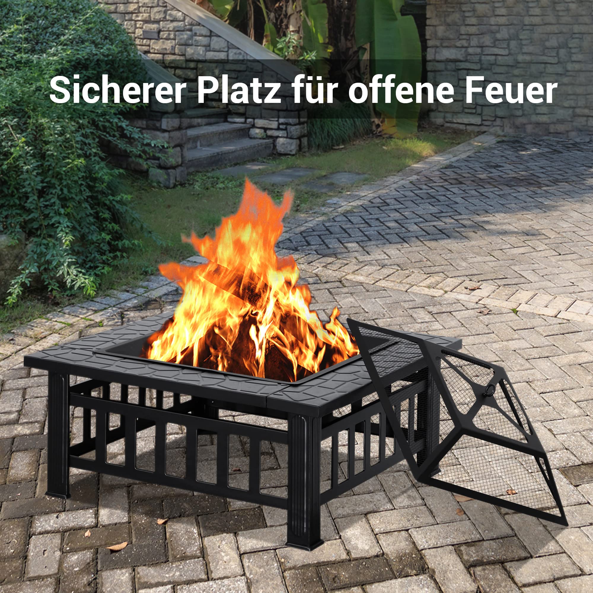 M MCombo Feuerschale mit Grillrost & Funkenschutz, Feuerkorb mit Schürhaken, Feuerstelle für Garten, Terrasse und Balkon 81x81x44,5 cm, 0039