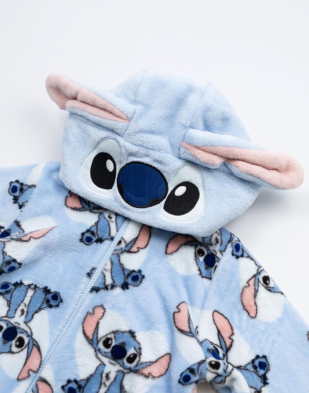 Disney Lilo & Stitch Girls Blue Onesie | Fleece Zip-Up Sleepwear with 3D Stitch Hood Long Sleeve Loungewear for Bedtime