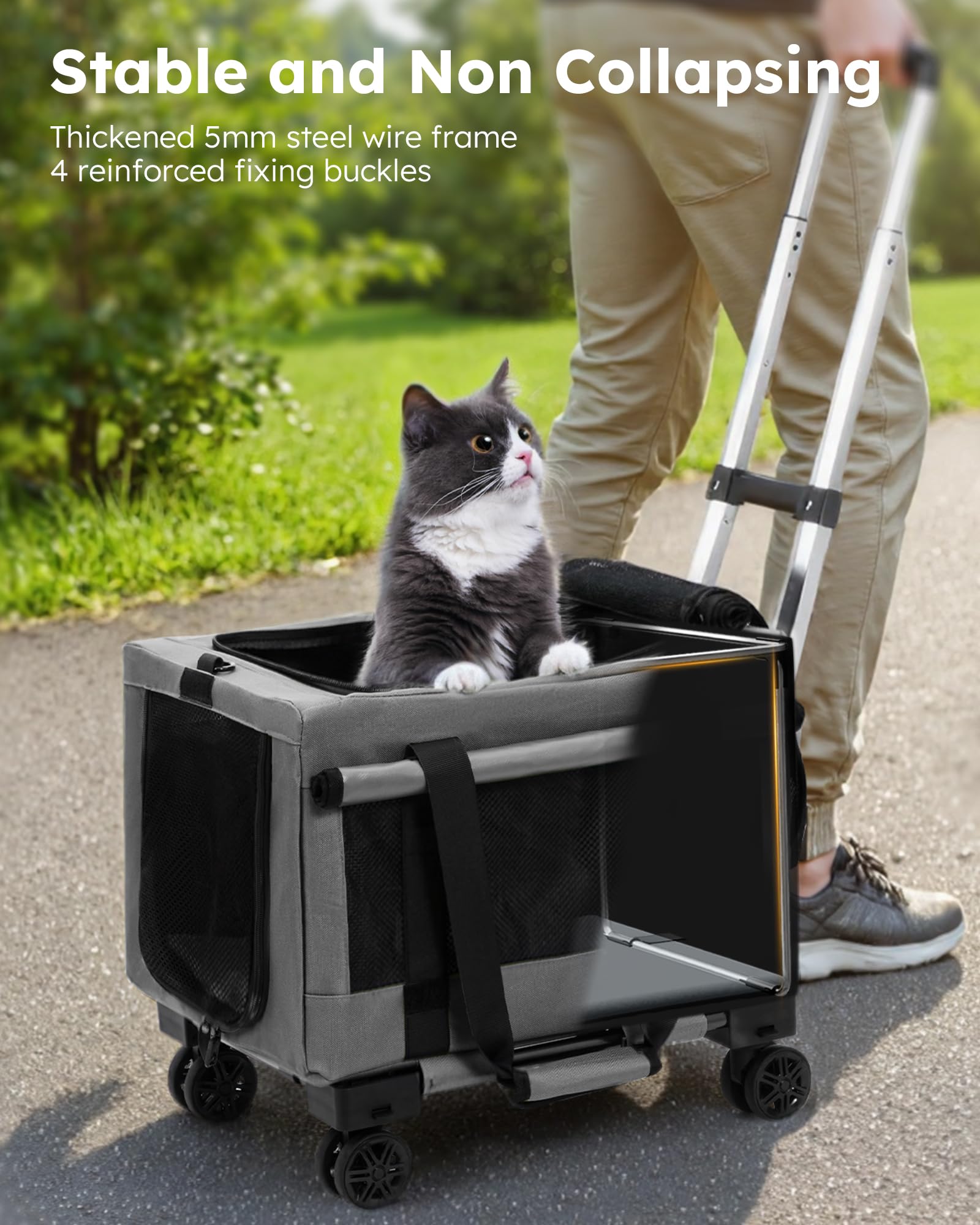 Pecute Transportin Perro con Ruedas, Bolsos para Perros de hasta 6kg, Transportin Gato con Doble Barra y Ruedas Silenciosas, Estable y Seguro, para Viajar, Hacer Senderismo o IR al Veterinario, Gris