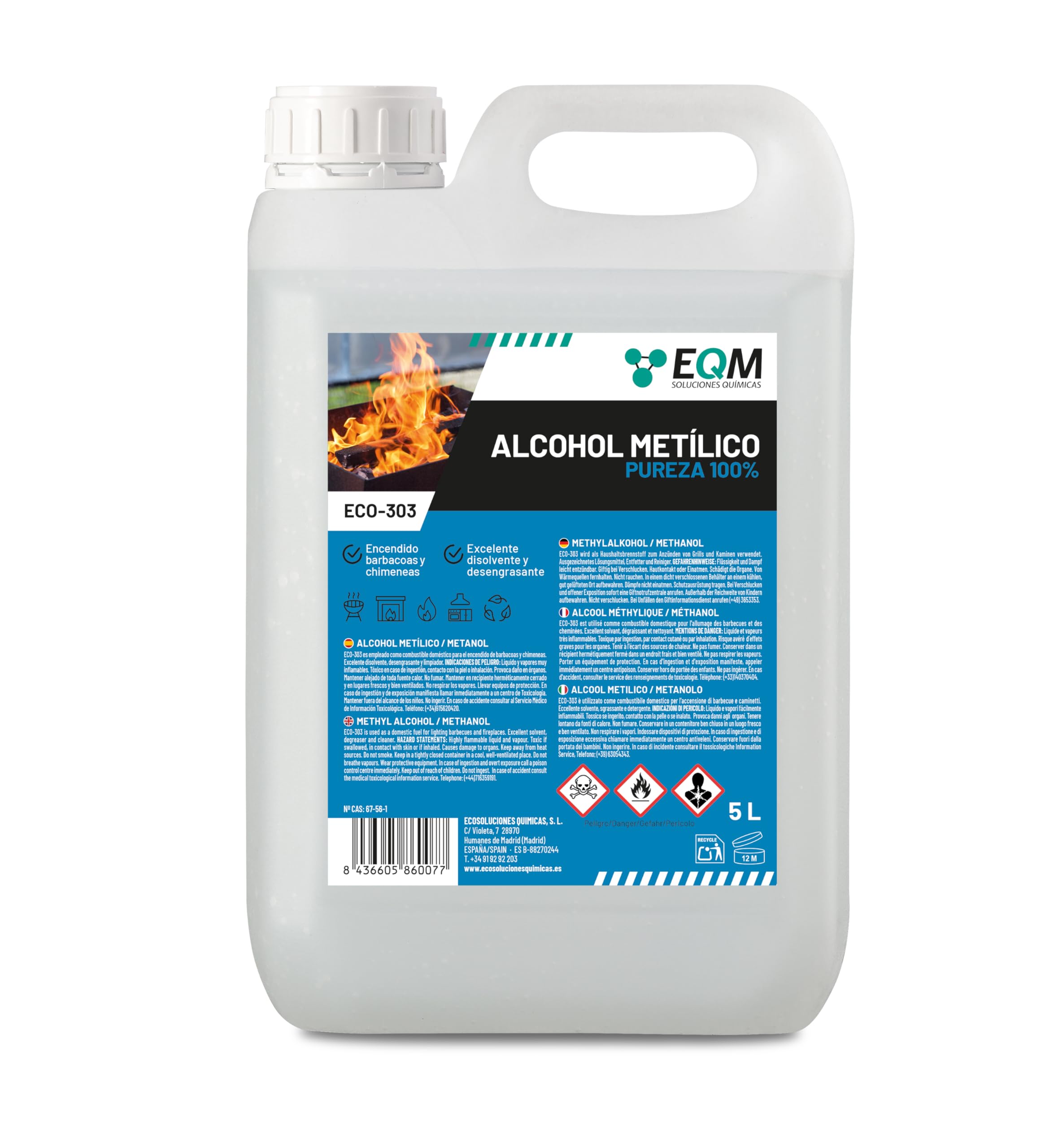 EQM - ECO-303 - Alcohol Metílico 99% Pureza - Metanol - 5L - Combustible de chimeneas y barbacoas - Disolvente industrial, desengrasante y limpiador de superficies