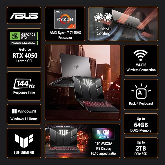 ASUS TUF A16 Gaming Laptop | 16 WUXGA IPS 144Hz | AMD 6-Core Ryzen 7 7445HS | 16GB DDR5 512GB SSD | NVIDIA GeForce RTX 4050 (194 AI Tops) | Backlit Keyboard USB 4 Wi-Fi 6 Win11 w/DLCA Accessory