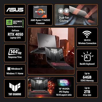 ASUS TUF A16 Gaming Laptop | 16 WUXGA IPS 144Hz | AMD 6-Core Ryzen 7 7445HS | 16GB DDR5 512GB SSD | NVIDIA GeForce RTX 4050 (194 AI Tops) | Backlit Keyboard USB 4 Wi-Fi 6 Win11 w/DLCA Accessory
