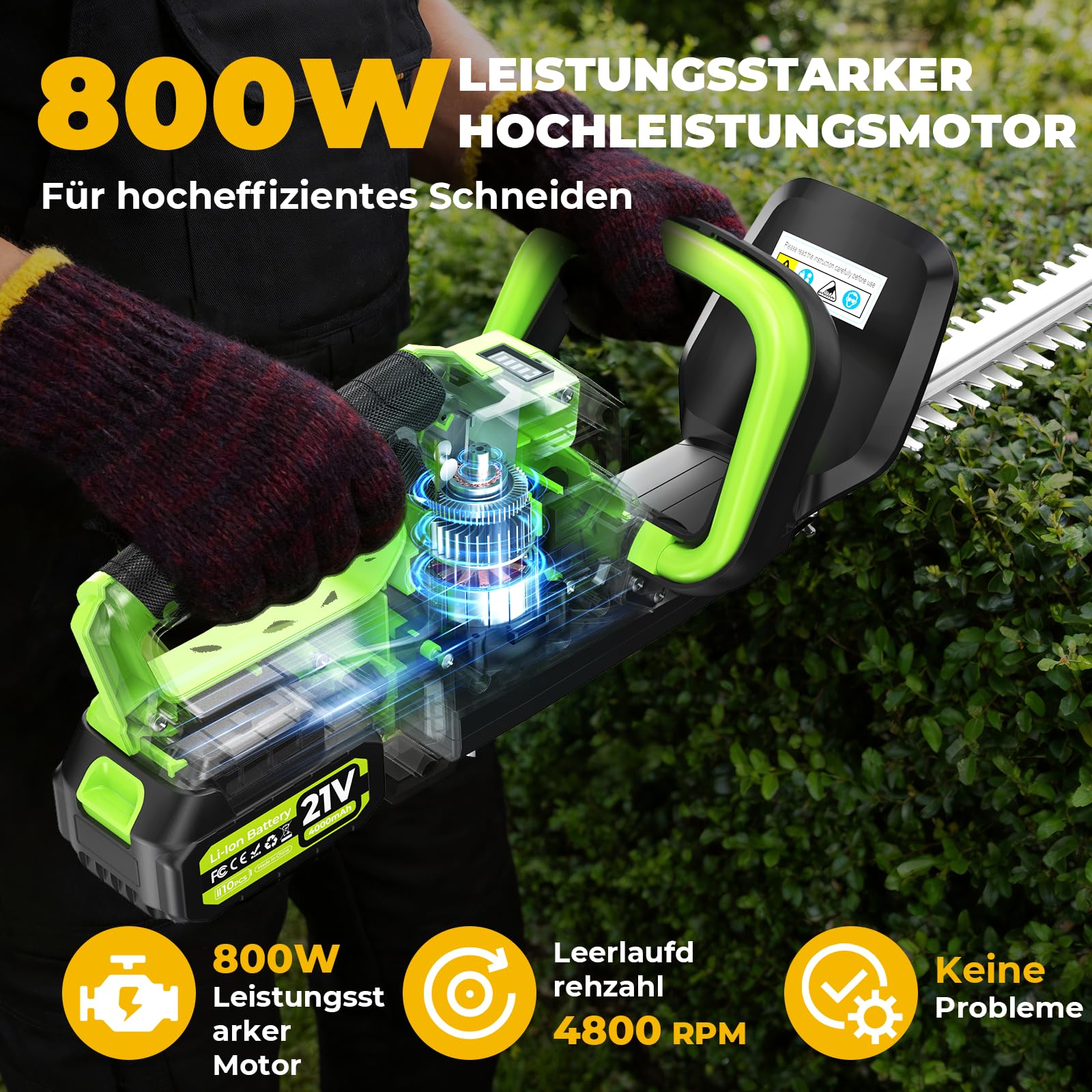 Heckenschere Akku, 50cm Elektrische Heckenschere für Makita Akkus, 800W Heckenschere mit 2 * 4000mAh Akku & Ladegerät, 16 mm Zahnabstand Dual Schnittklingen, Leicht für Garten, Hecken, Sträucher