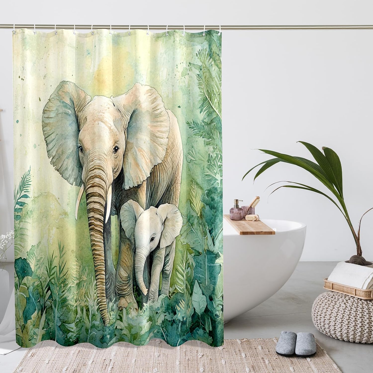 Tropical Cute Kid Elephants Shower Curtain Set 72" W x 78" L with Hooks, Jungle Forest Bathroom Decor, Animal Printed Pattern Bath Accessories