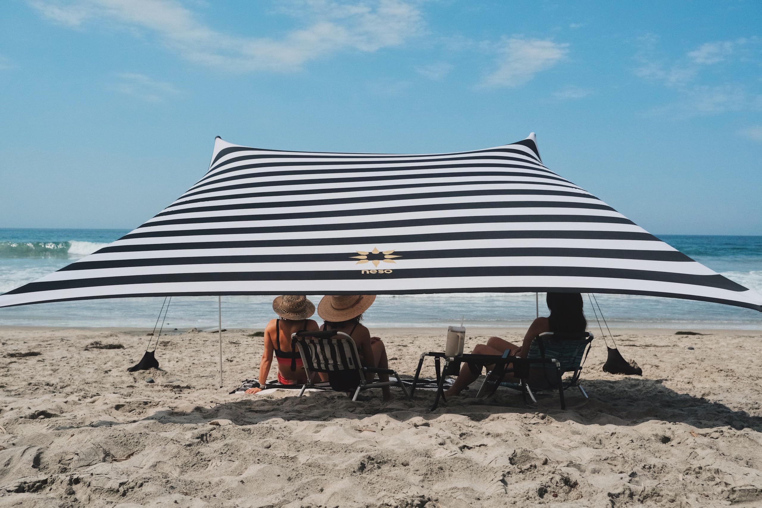 Neso Tents Grande Beach Tent, 7ft Tall, 9 x 9ft, Reinforced Corners and Cooler Pocket (Black/White Stripes)