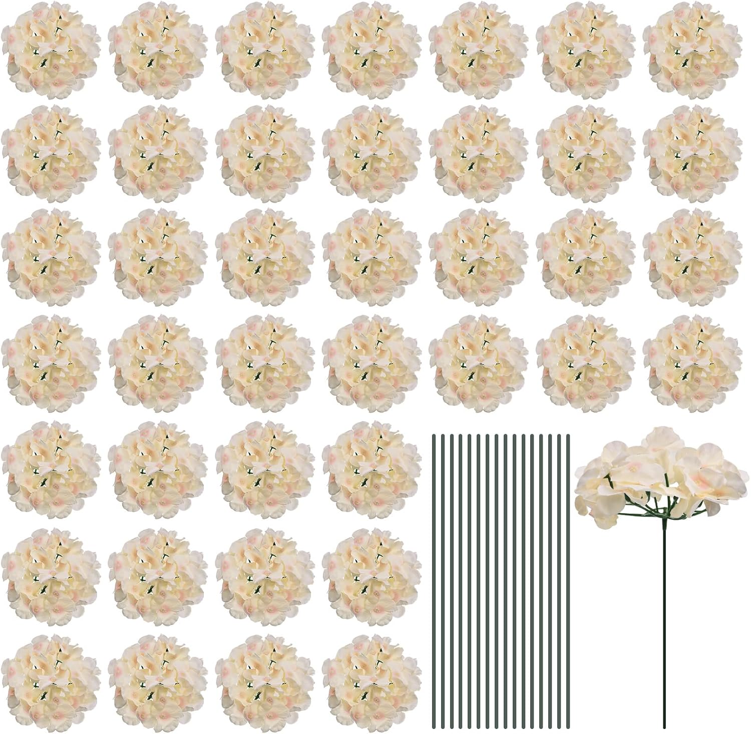 MECCANIXITY Silk Artificial Hydrangea Flowers, Champagne Artificial Flowers Heads with Stems, Full Hydrangea Flowers for Wedding Centerpieces, Party Decoration 64 Set Champagne 64