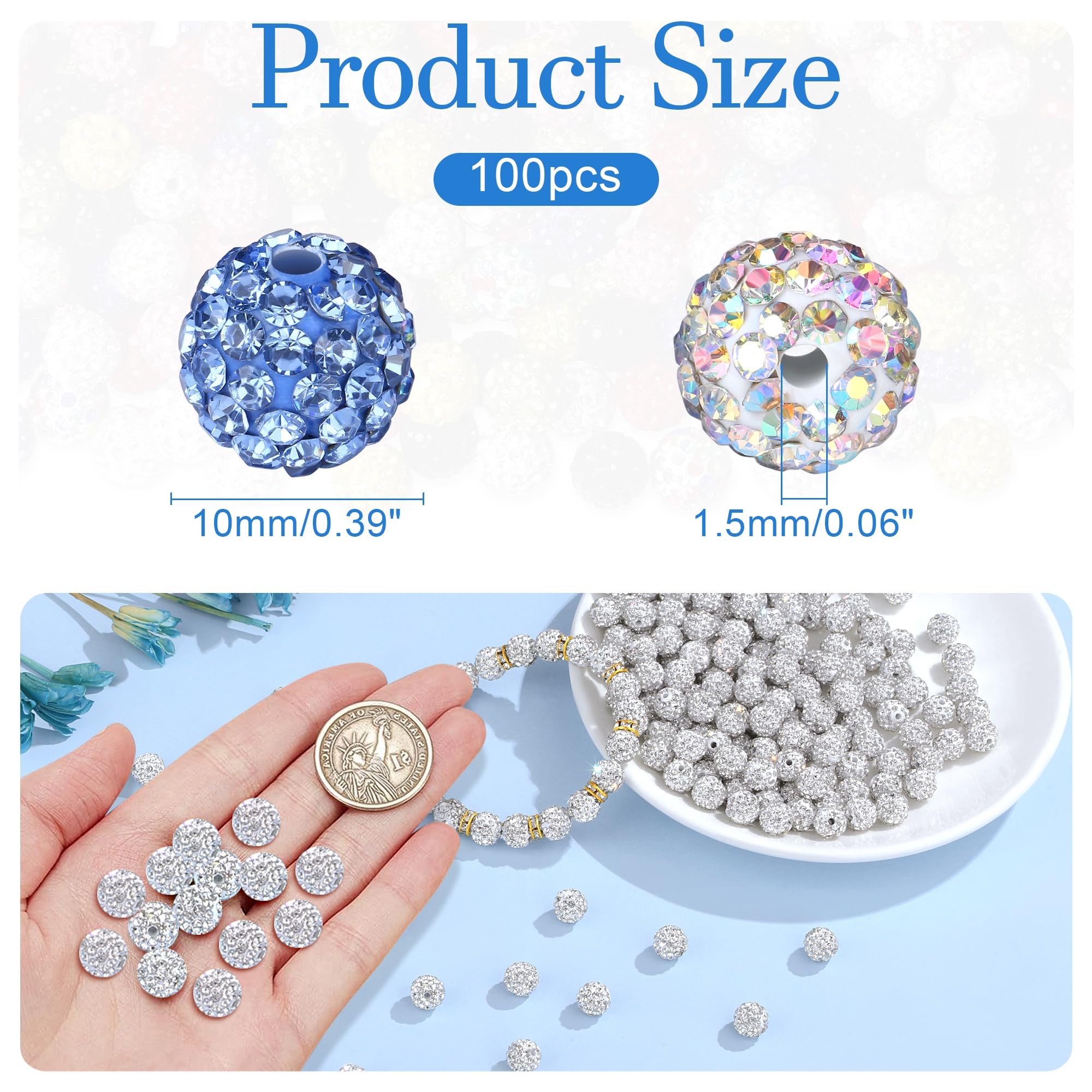 100pcs 10mm Rhinestone Beads – Mixed Color Sparkly Beads For Jewelry Making (10 Colors)