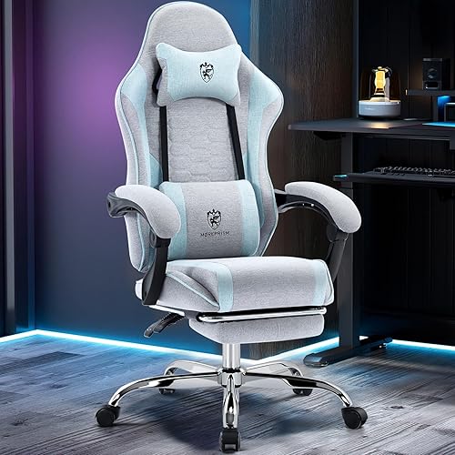 Miniatura 2 de Silla de juegos de tela transpirable, silla de oficina para computadora con reposapiés, soporte lumbar de masaje y almohadilla de gel, silla gris