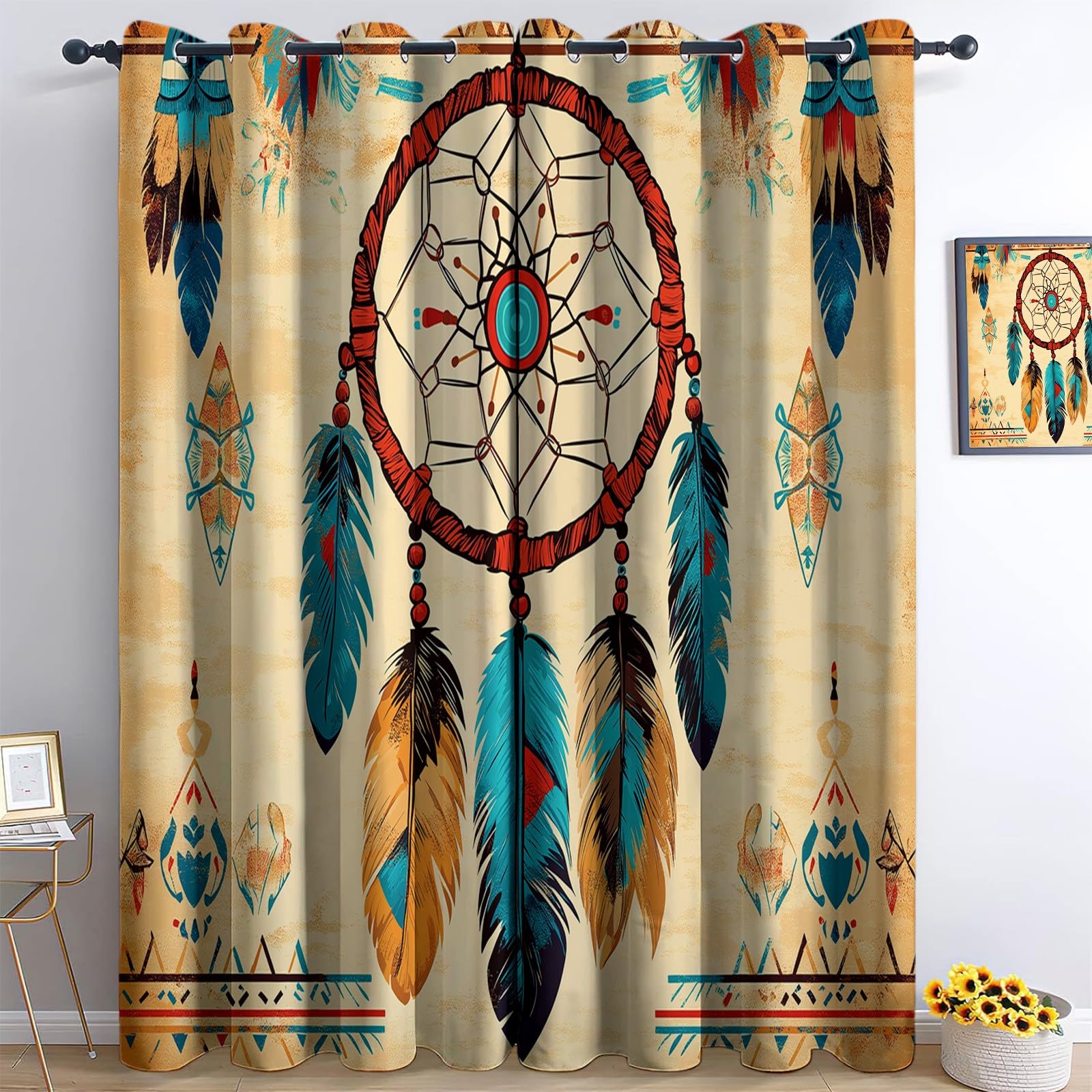 Generisch Blickdicht Vorhang Ösenschal Verdunkelungsvorhang 3D Vintage Traumfänger Gardinen Kinderzimmer Wohnzimmer Thermovorhang Polyester H183 x B117 cm 2Er Set