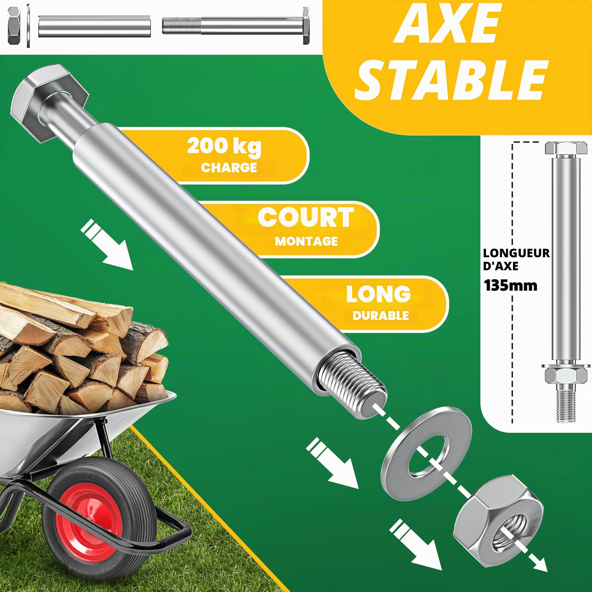 MASKO® Roue de brouette PU en caoutchouc plein 200 kg increvable 4,80/4,00-8 Ø 390 mm incl. essieu Roue de remplacement Roue en caoutchouc jante en acier Pneu increvable pour brouette