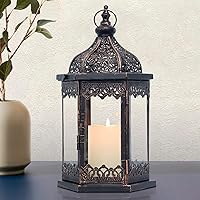 NEEDOMO 14.8" Vintage Metal Glass Candle Lantern - Indoor Outdoor Decor for Porch, Patio, Farmhouse, Wedding, Party