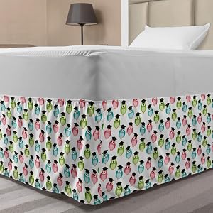 Lunarable Graduation Elastic Bed Skirt Colorful Owls with Graduation Caps Mortarboards and The of Wisdom Wrap Around Fabric