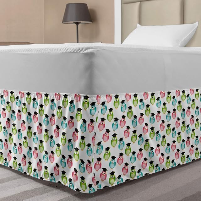 Lunarable Graduation Elastic Bed Skirt Colorful Owls with Graduation Caps Mortarboards and The of Wisdom Wrap Around Fabric