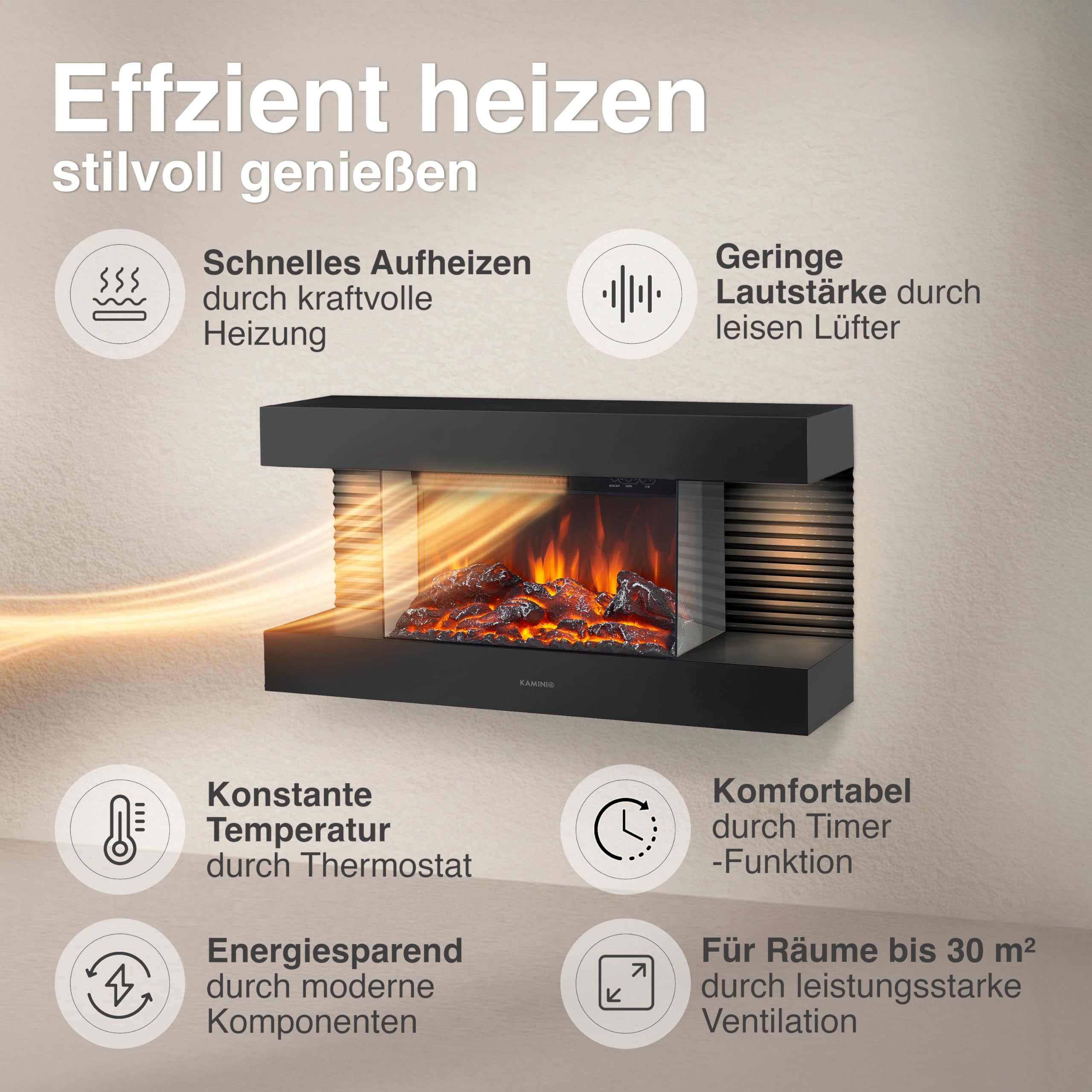 KAMINIO Elektrokamin Liz - Elektrischer Wandkamin mit Heizung, 3D-Flammeneffekt, LED-Ambientelicht, Fernbedienung (Schwarz)