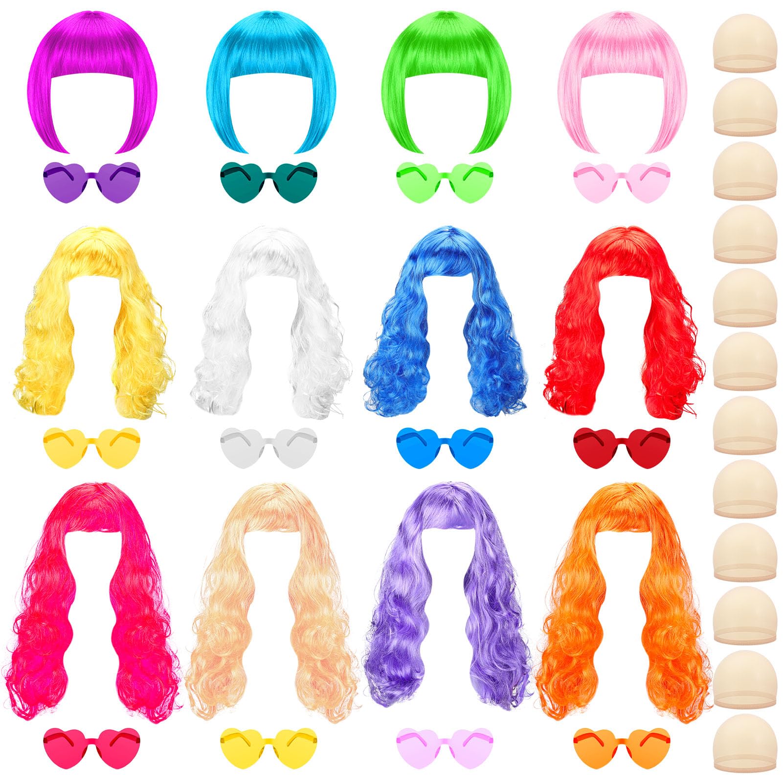 Photo 1 of Fingertip WD 36 Pcs Colored Wig Set with 12 Pcs Wig Caps and Sunglasses